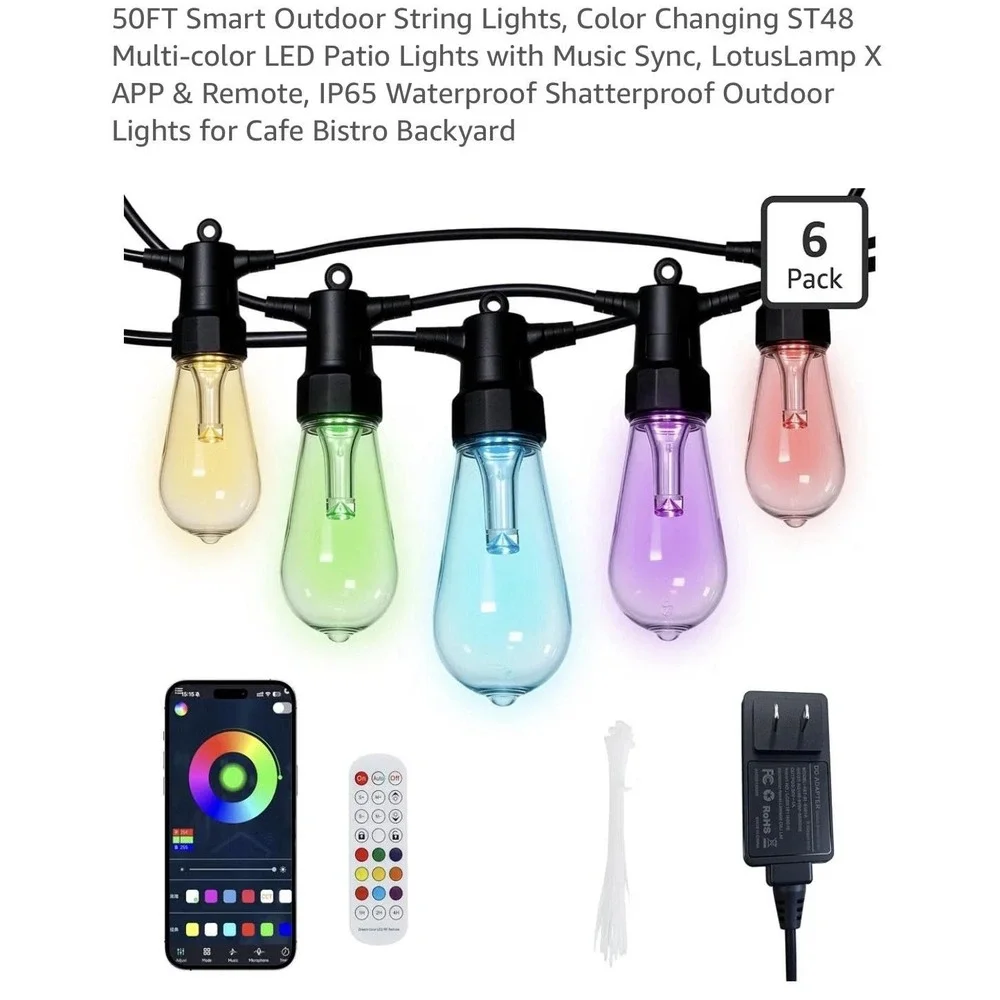 CAWWS RGBW LED Outdoor String‎ Lights 50FT Color Changing App Remote Music Sync